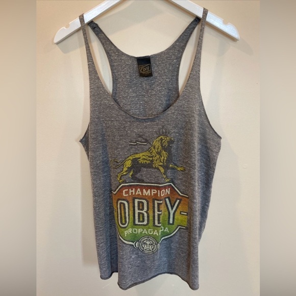Obey Tops - Obey Rasta Lion Tank Top Womens Large Heathered Gray Knot Back
